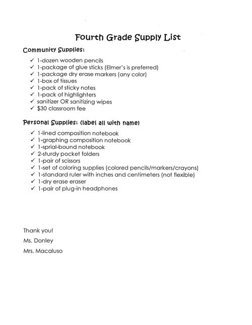 Fourth Grade Supply List